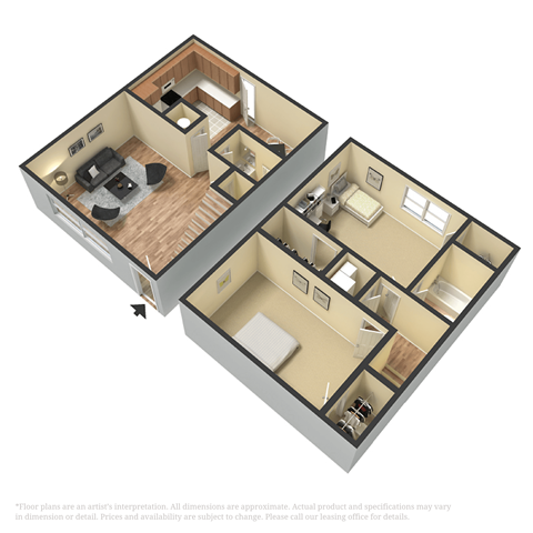 a 3d floor plan of a bedroom and a living room